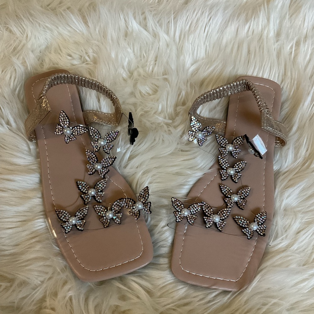 Rhinestone Butterfly Flat Sandals (Size 7)